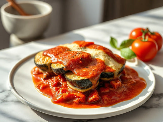 Zomerse aubergine parmigiana met verse tomatensaus