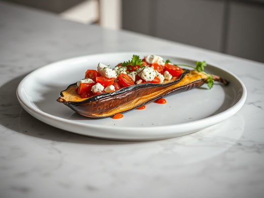 Zomerse gevulde aubergine met tomaat en feta