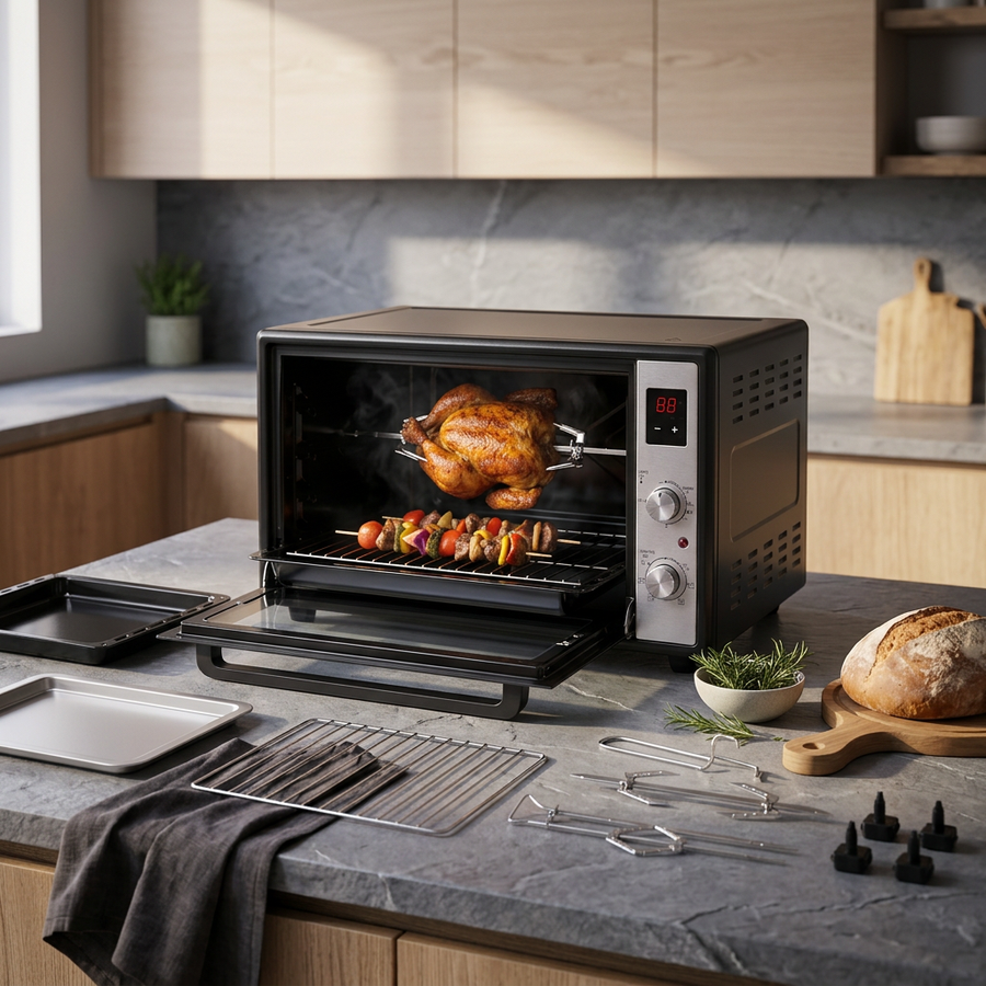 bakeVIA mini-oven met draaispit en geroosterde kip